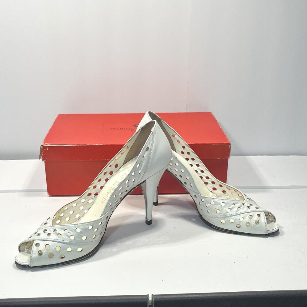 CHARLES JOURDAN PARIS White Perforated Leather Open Toe Women's Heels 7-1/2